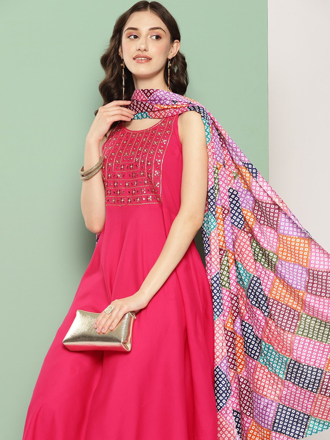 InWeave Women's Fuchsia Mirror Work Strappy Set W Square Bandhani Print Silk Dup | Grocsy