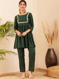 InWeave Women's Forest Green Round Neck Square Gota Work Kurta Pant Set | Grocsy