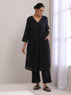 trueBrowns Black Dobby Flared Slit Kurta Pant Set | Grocsy