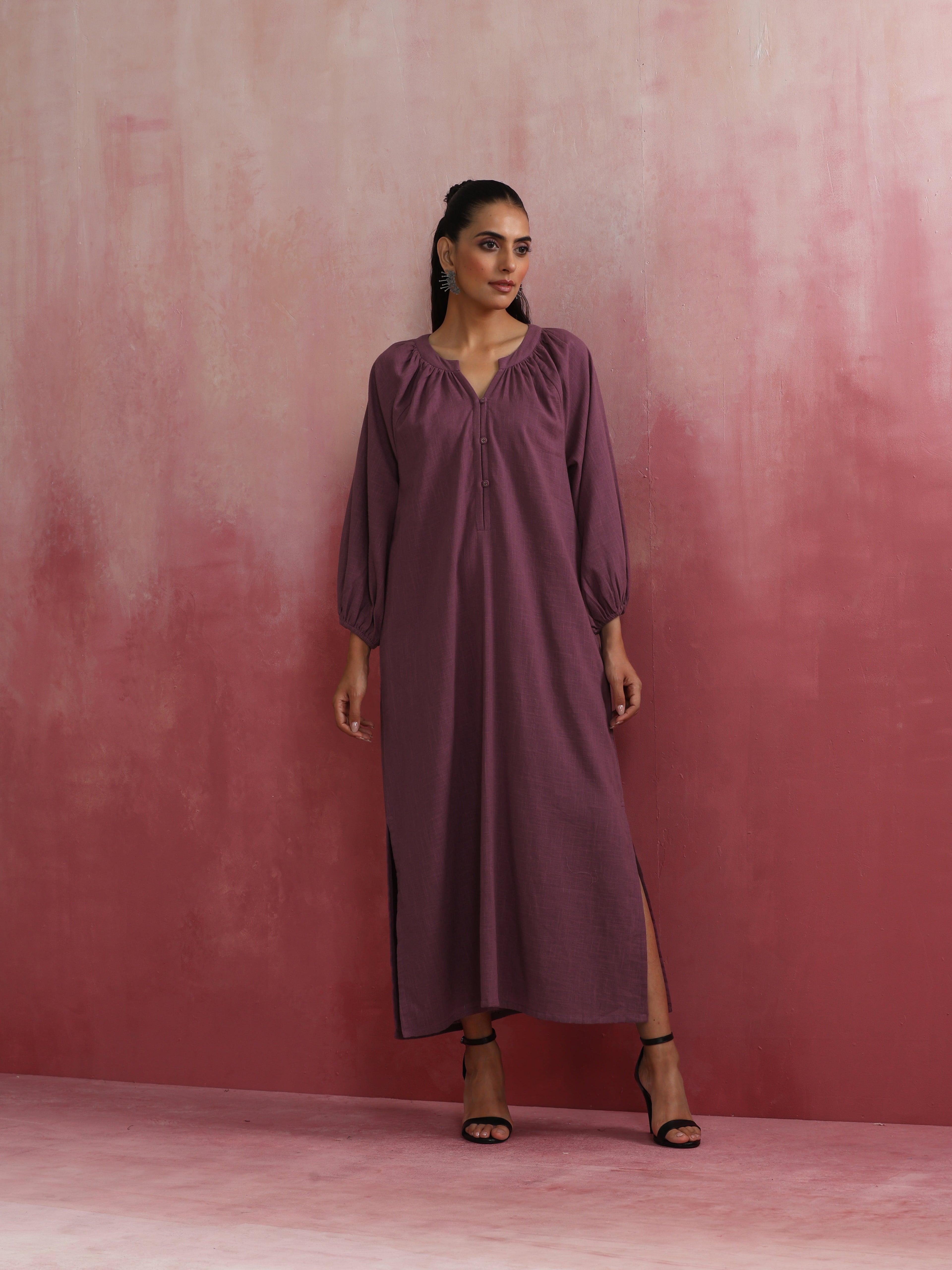 trueBrowns Light Purple Cotton Dobby Dress | Grocsy