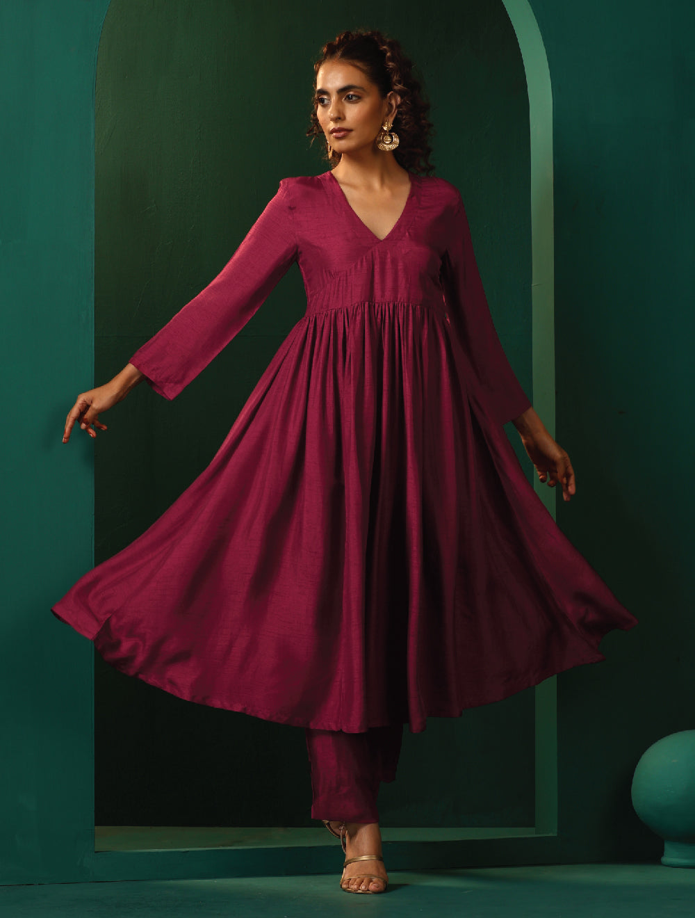 trueBrowns Maroon Silk Angrakha Kurta Pant Set | Grocsy