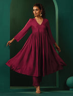 trueBrowns Maroon Silk Angrakha Kurta Pant Set | Grocsy