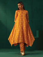 trueBrowns Mustard Geometric Floral Viscose Silk Handkerchief Kurta Pant Set | Grocsy