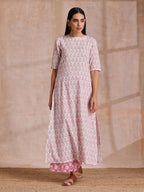 trueBrowns Pink Green Floral On White Block Print Cotton Slit Kurta Pant Set | Grocsy
