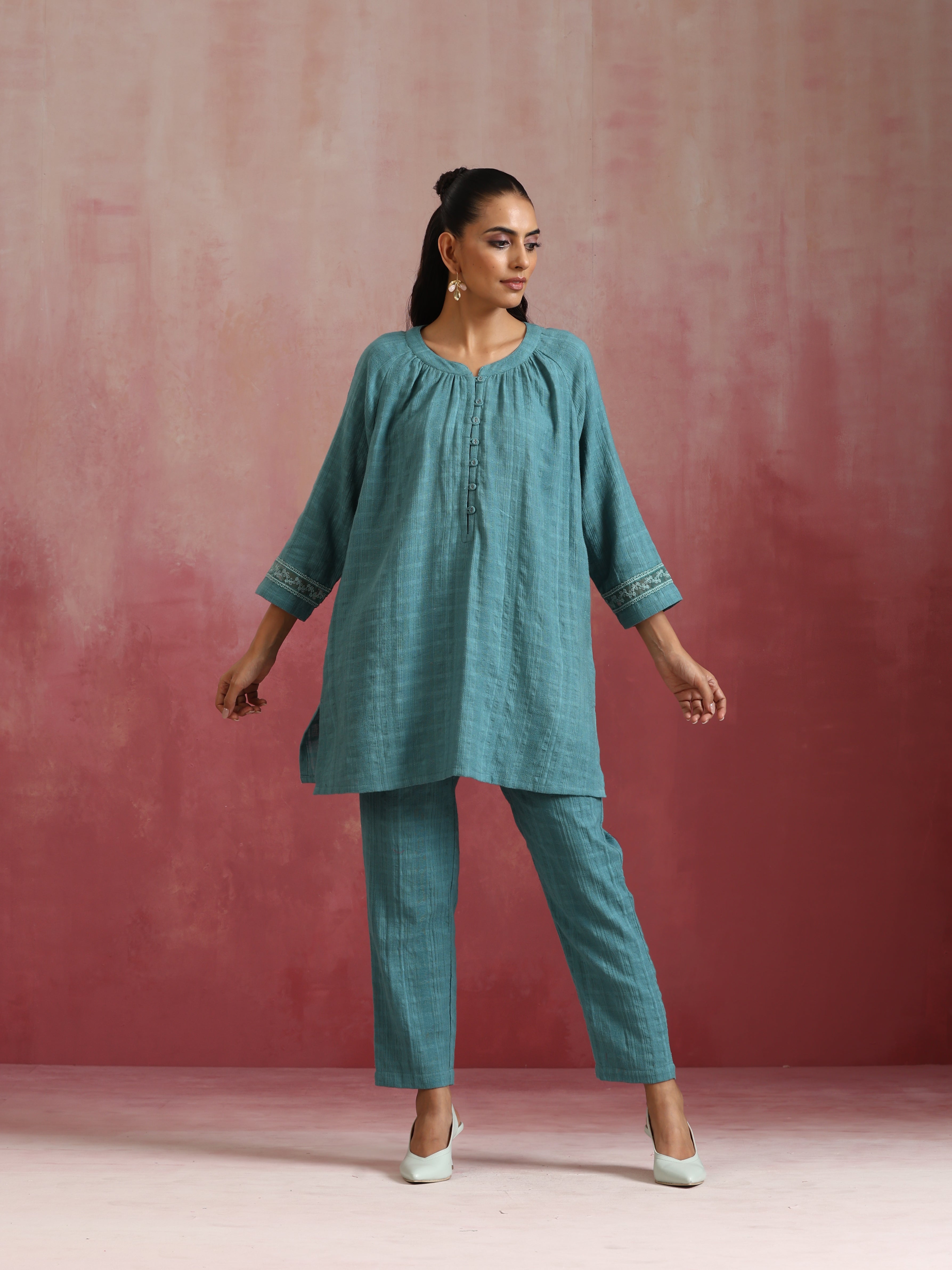 trueBrowns Light Blue Cotton Dobby Co-ord set | Grocsy