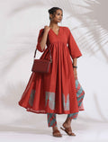 trueBrowns Red Cotton Print Flared Kurta Set | Grocsy