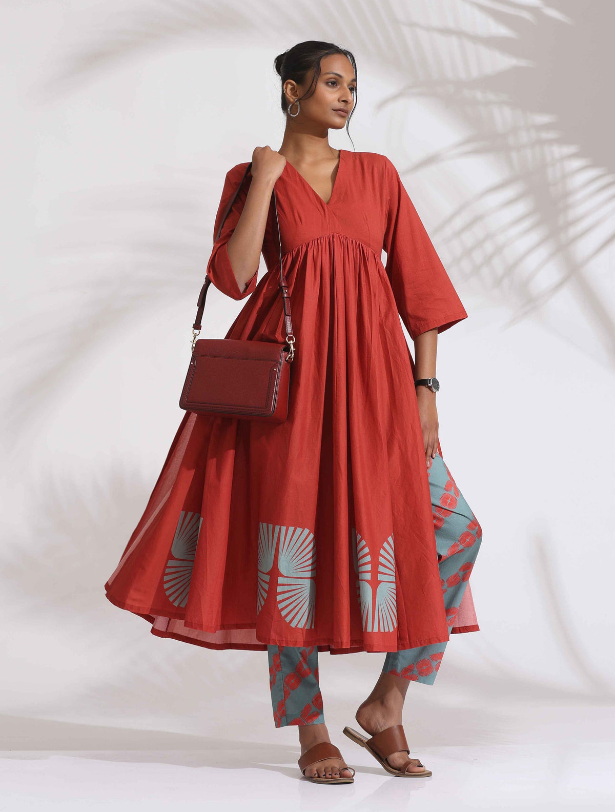 trueBrowns Red Cotton Print Flared Kurta Set | Grocsy
