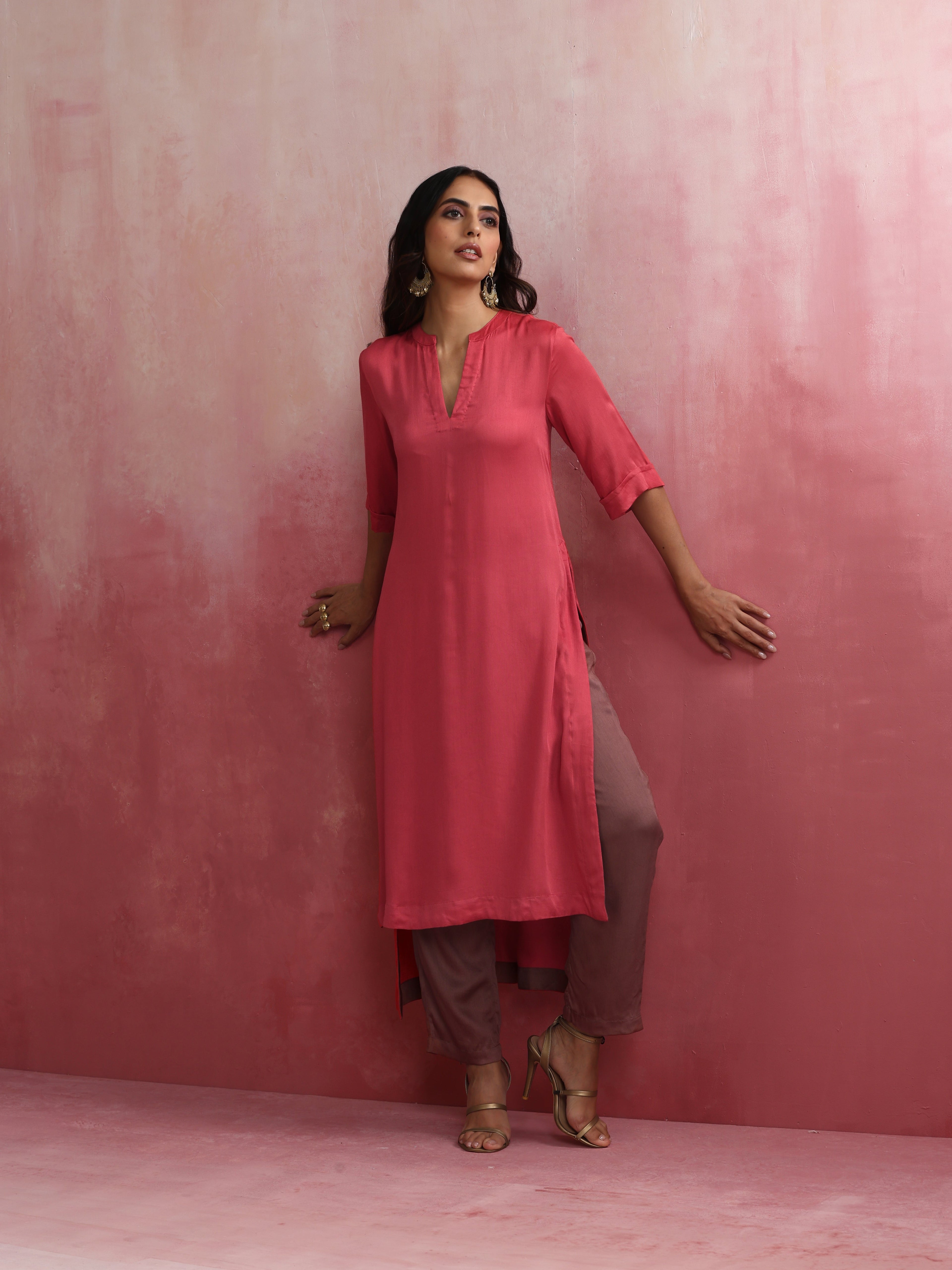 trueBrowns Red Modal Straight Fit Kurta Set | Grocsy
