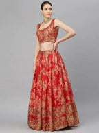 Tulsi Art Red & Gold-Toned Embellished Sequinned Semi-Stitched Myntra Lehenga & Unstitched Blouse | Grocsy