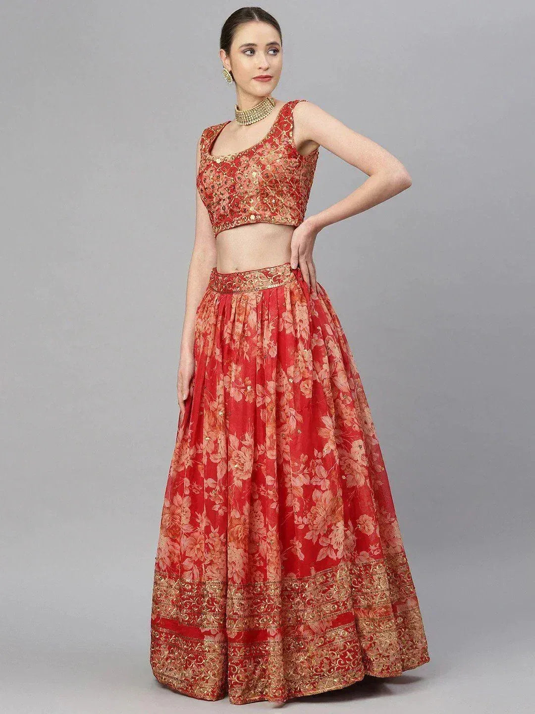 Tulsi Art Red & Gold-Toned Embellished Sequinned Semi-Stitched Myntra Lehenga & Unstitched Blouse | Grocsy