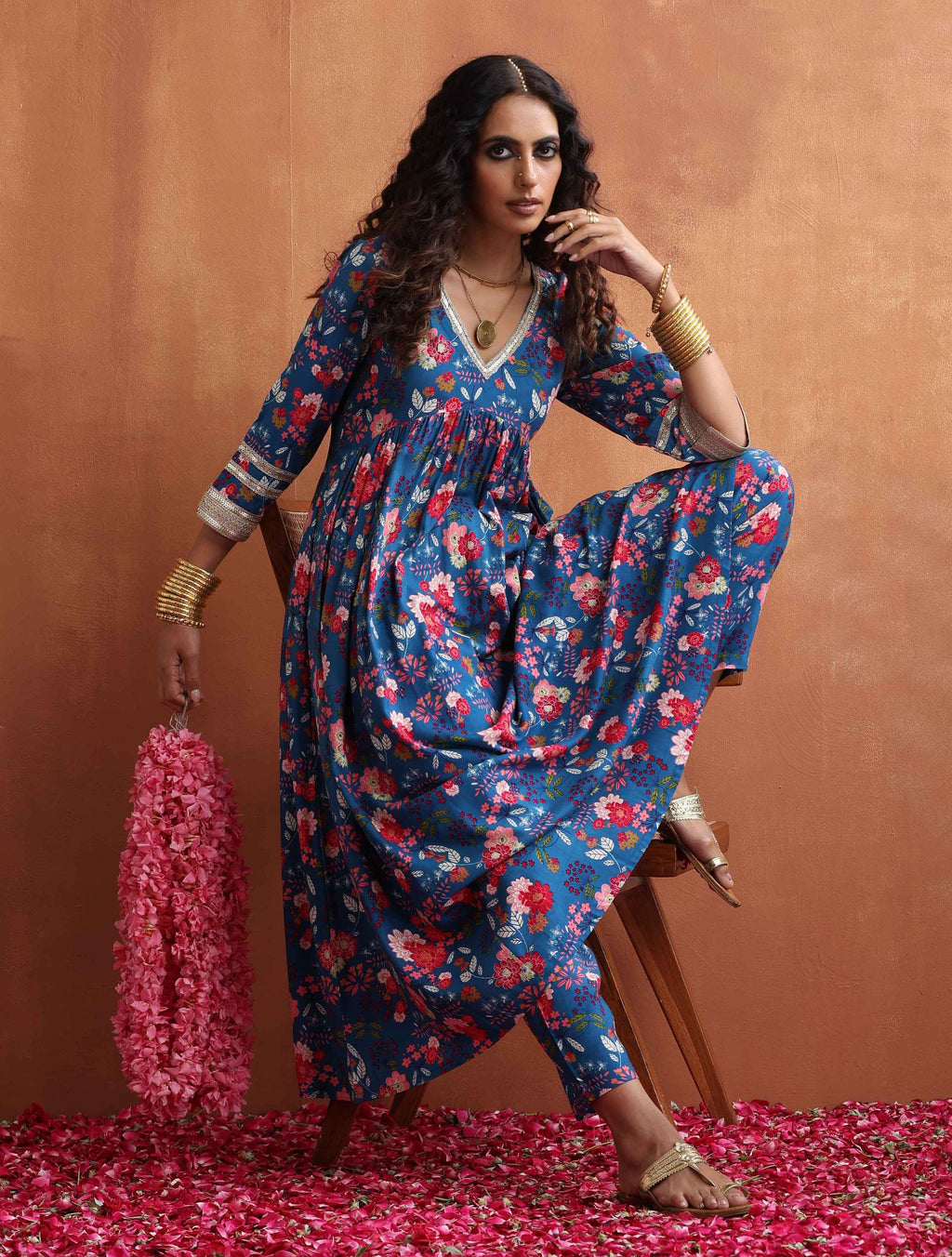 trueBrowns Blue Print Flared Anarkali Kurta Set | Grocsy