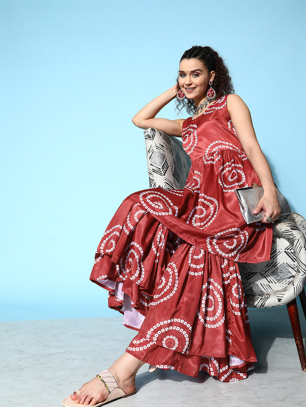 InWeave Women's Maroon Bandhani Motif Tiered Sharara Set | Grocsy