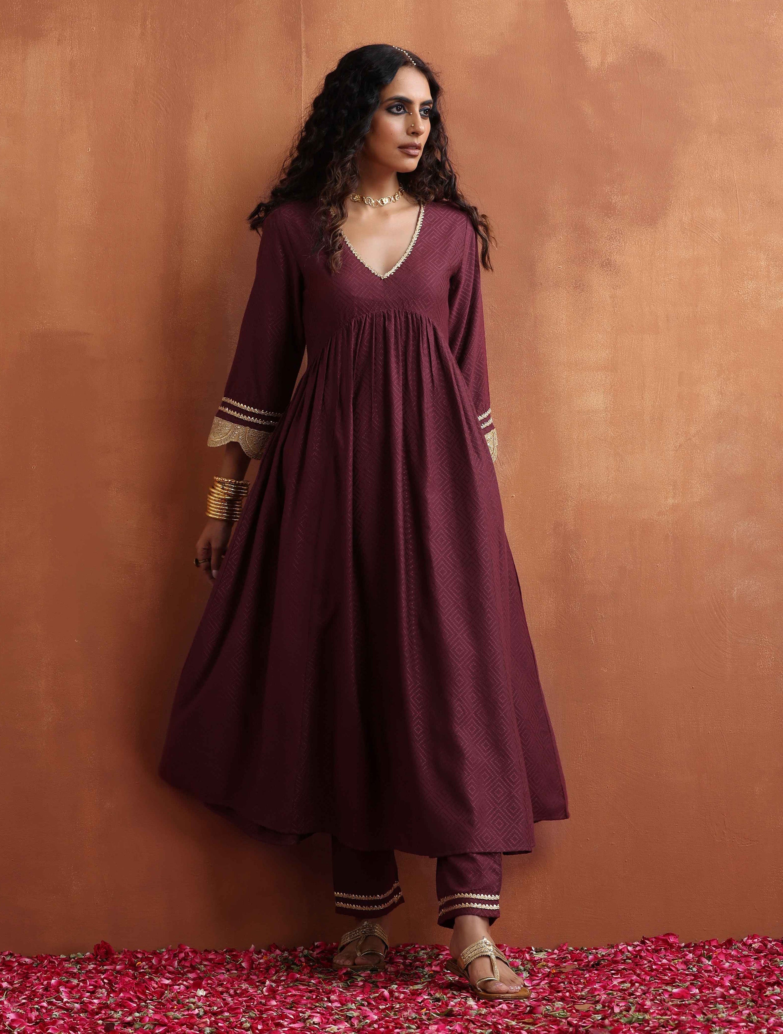 trueBrowns Maroon Flared Anarkali Kurta Set | Grocsy