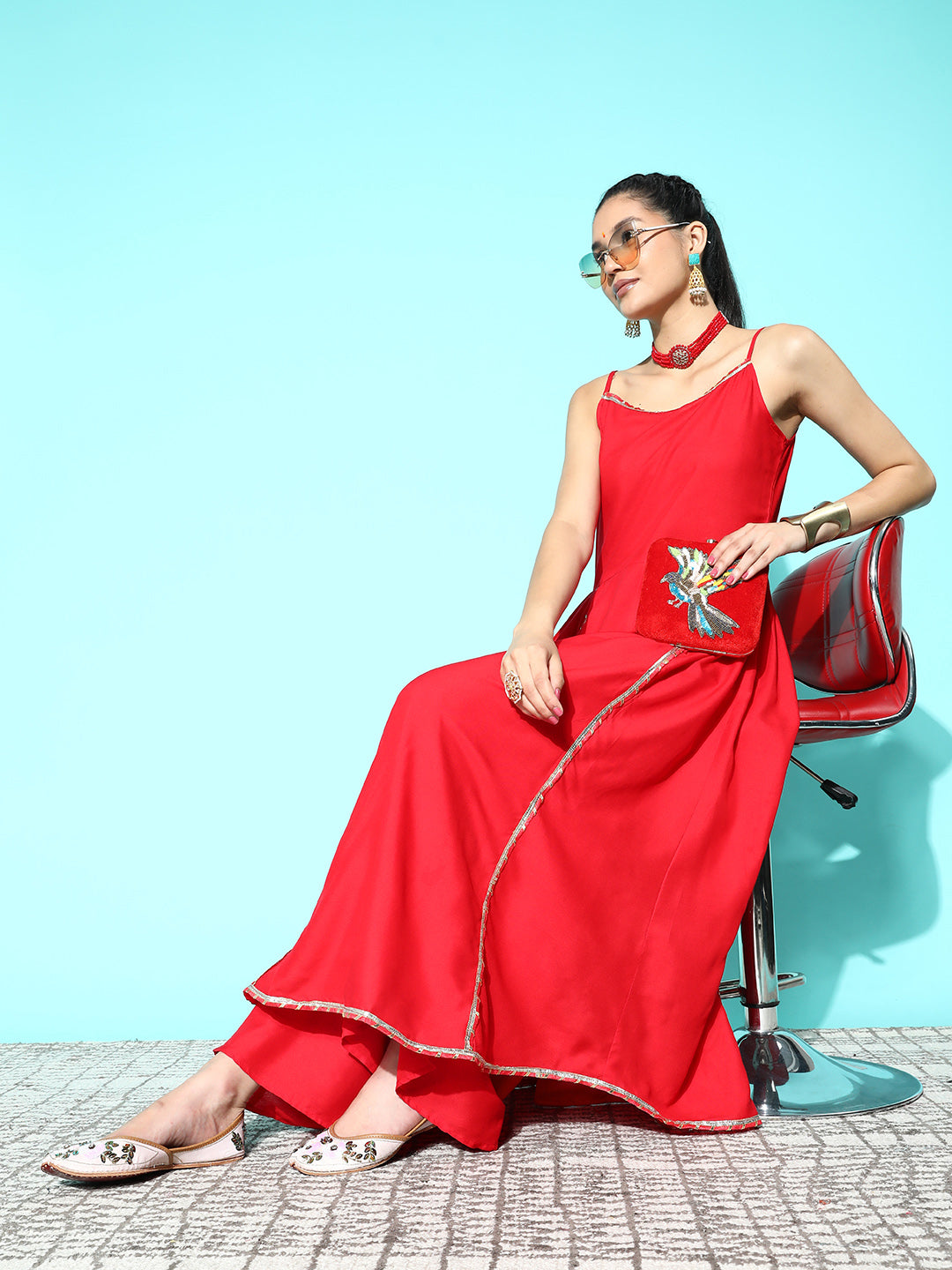 InWeave Women's Red Gota Strappy Kurta Set | Grocsy