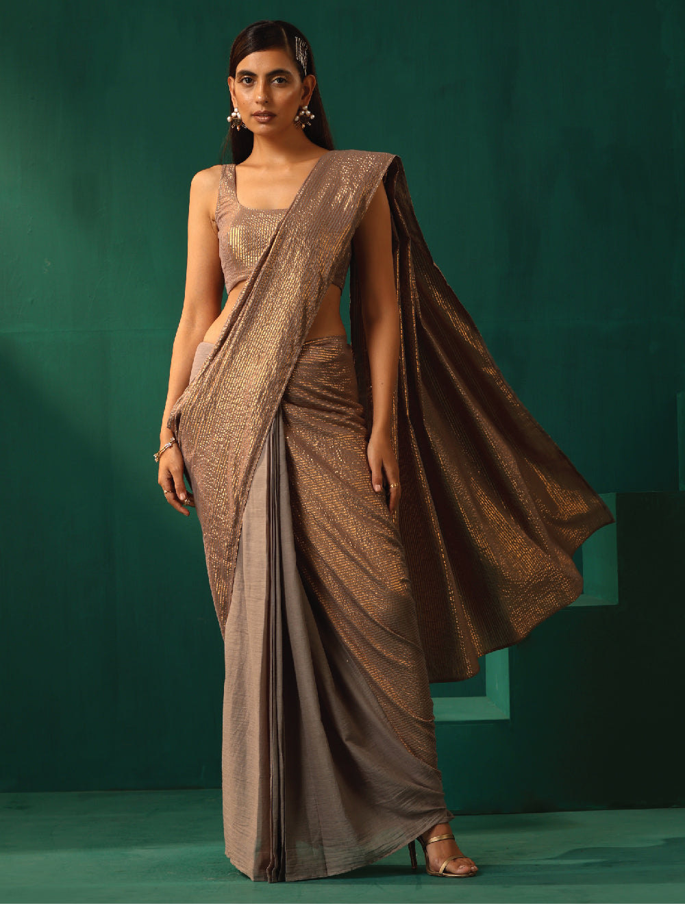 trueBrowns Grey Cotton Gold Lurex Striped Ready to Wear Saree | Grocsy