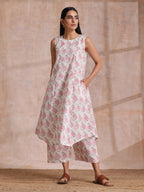 trueBrowns Pink Green Buta On White Block Print Cotton High-Low Co-Ord Set | Grocsy