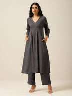 trueBrowns Slate Grey Slub Texture Overlap Pleat Kurta Pant Set | Relove | Grocsy