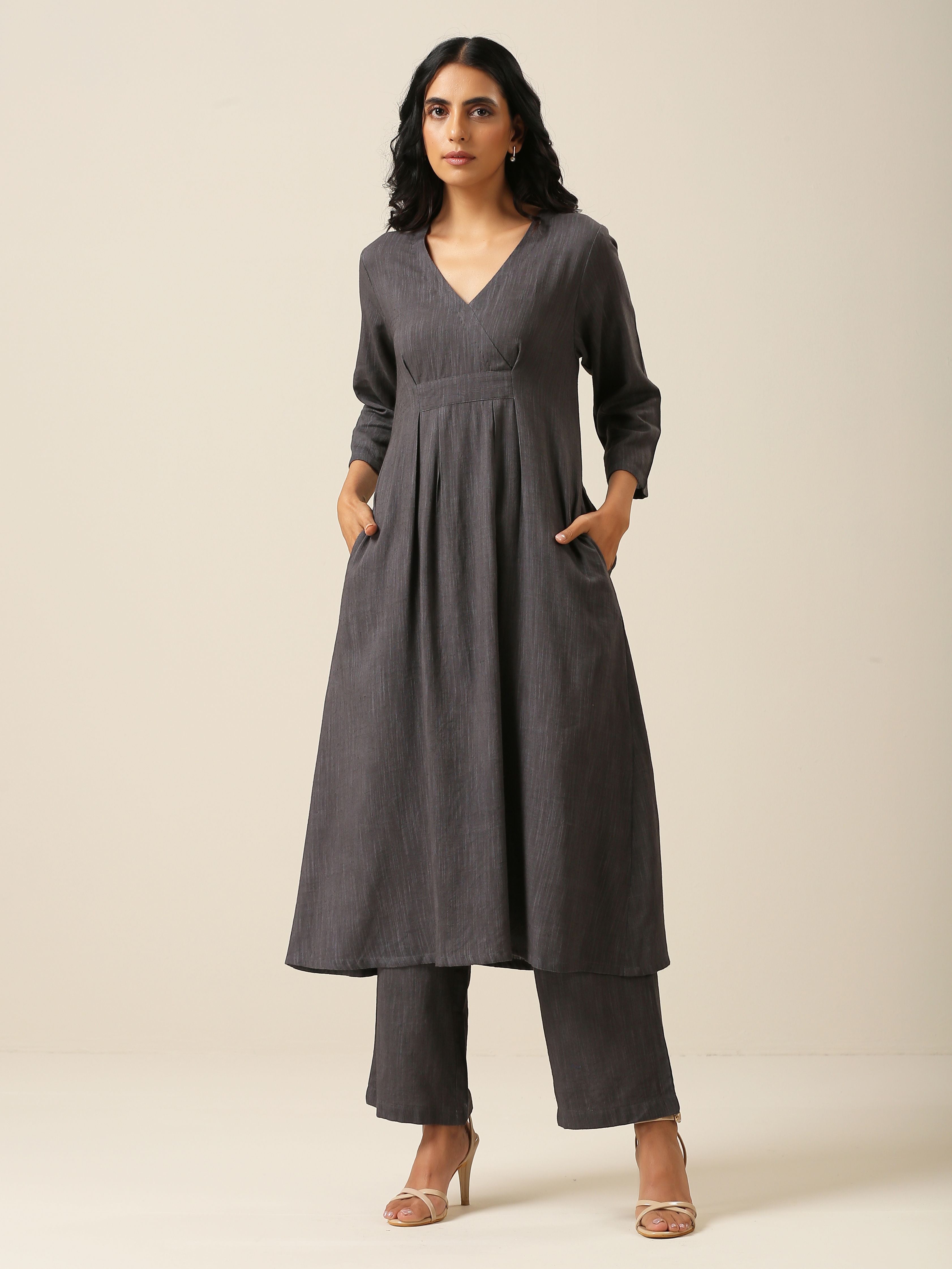 trueBrowns Slate Grey Slub Texture Overlap Pleat Kurta Pant Set | Relove | Grocsy