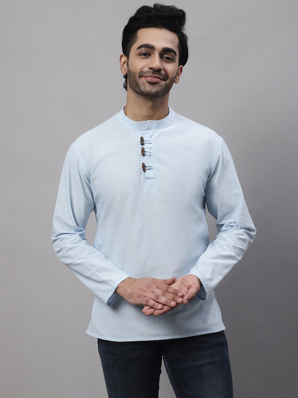 Even Apparels Blue Pure Cotton Kurta With Band Collar | Grocsy
