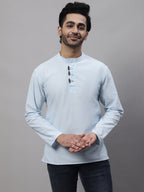Even Apparels Blue Pure Cotton Kurta With Band Collar | Grocsy