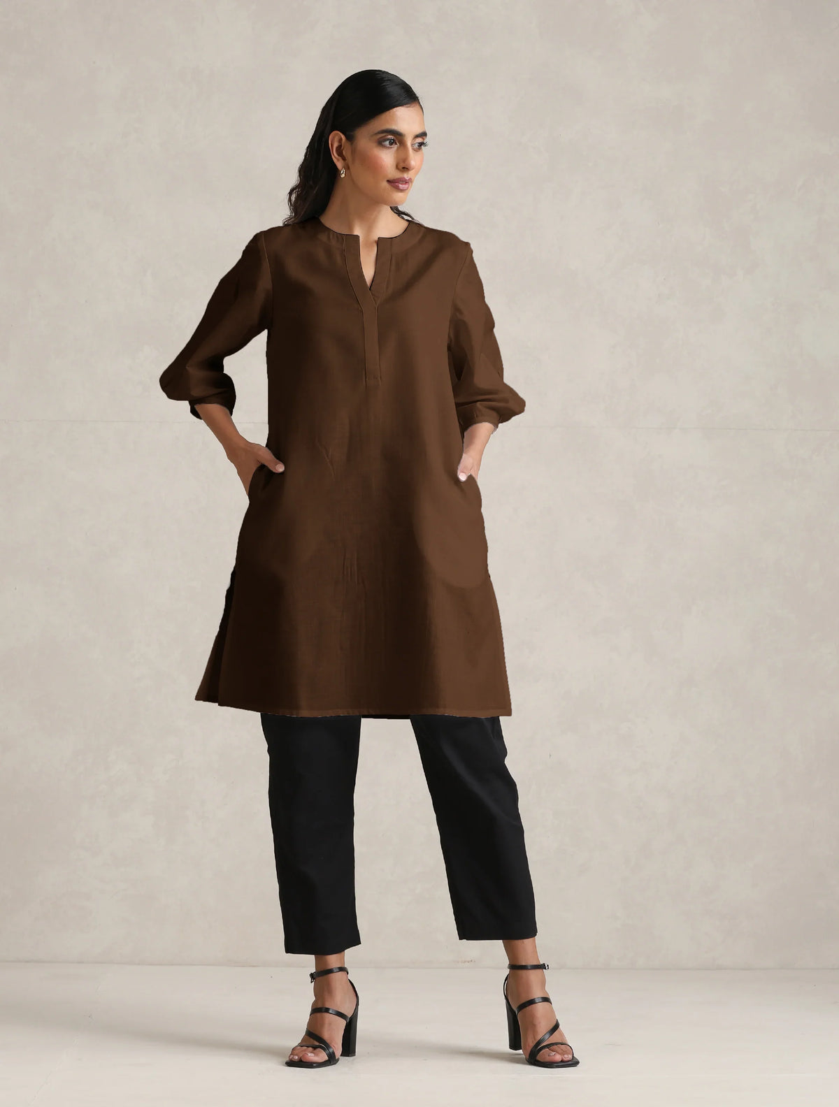 trueBrowns Brown Cotton Blend Short Kurta | Grocsy