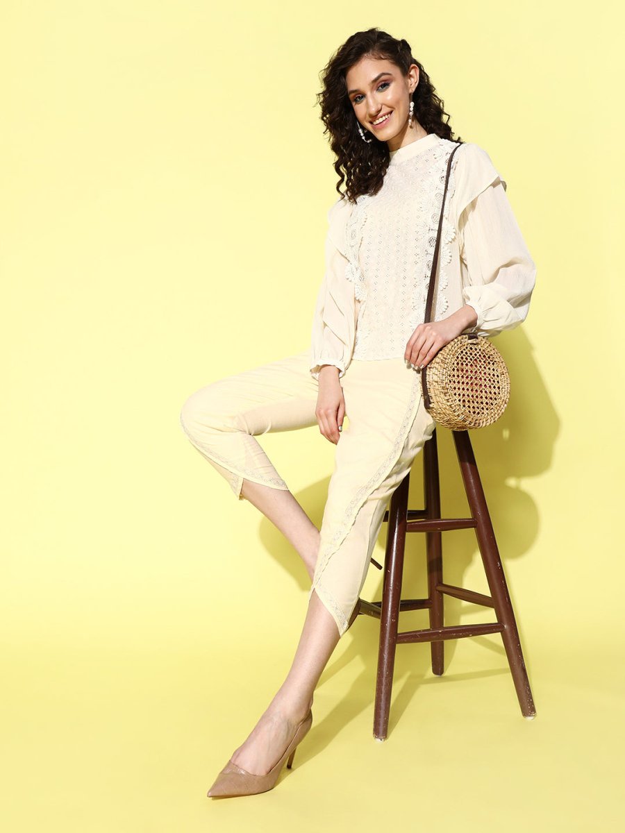 Ahalyaa Beige Floral Lace Insert Dhoti Pants | Grocsy