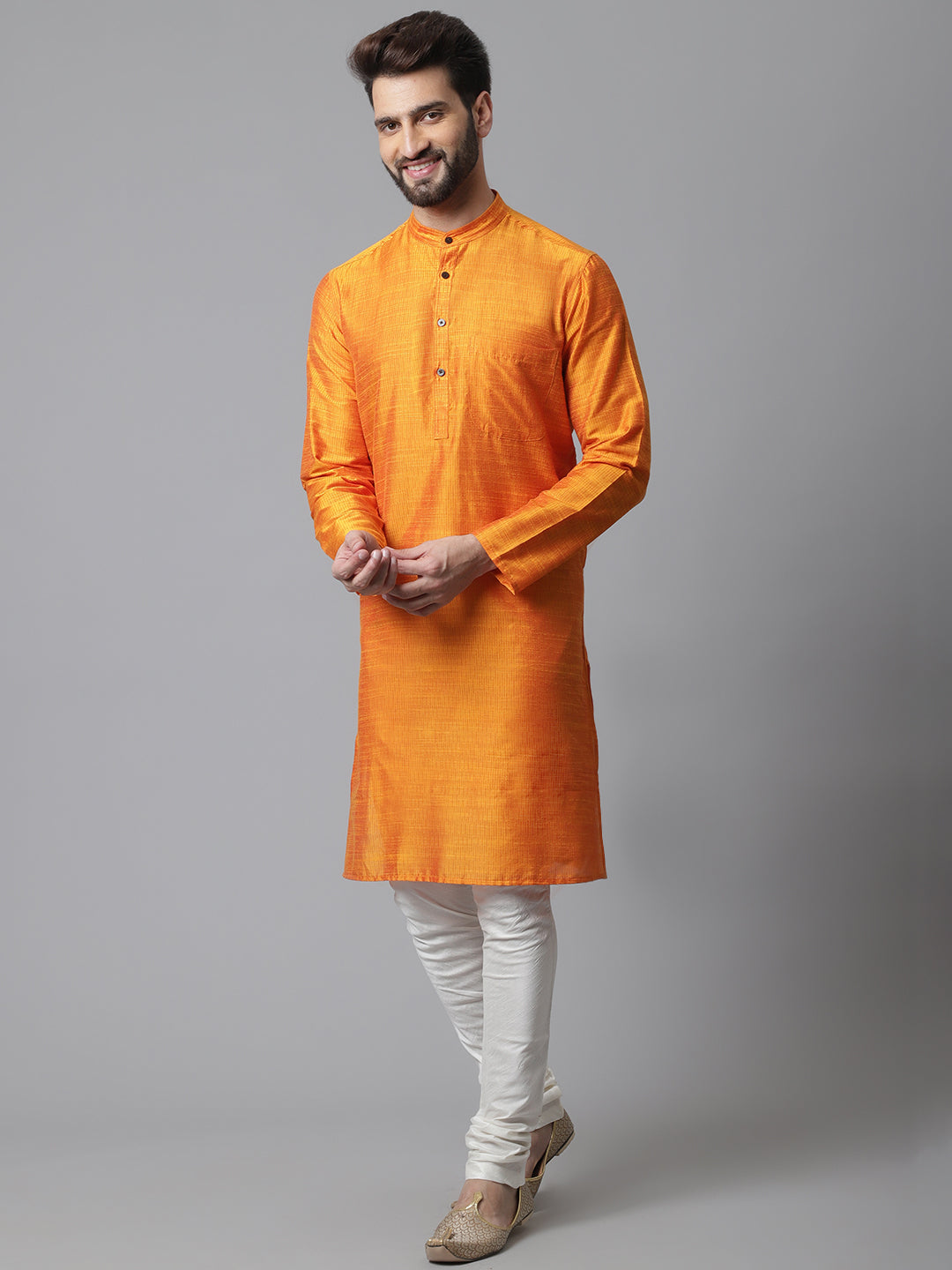 Even Apparels Orange Solid Kurta With Band Collar | Grocsy