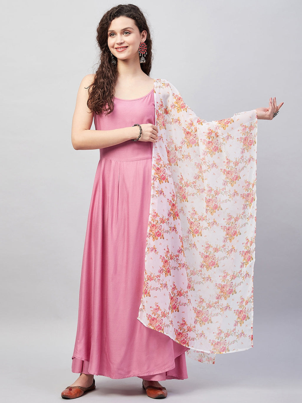 InWeave Women's Light Pink Strappy Set W Cream Orange Print Ge Dupatta | Grocsy