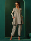 trueBrowns Grey Silk Flared Co-ord Set | Grocsy