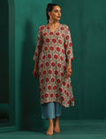 trueBrowns Ivory Red Circle Floral Muslin Silk Printed V-Neck Kurta Pant Set | Grocsy
