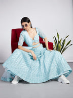 House of Panchhi Turquoise Blue Net Sequins, Zarkan And Thread Embroidery Lehenga Choli & Dupatta | Grocsy