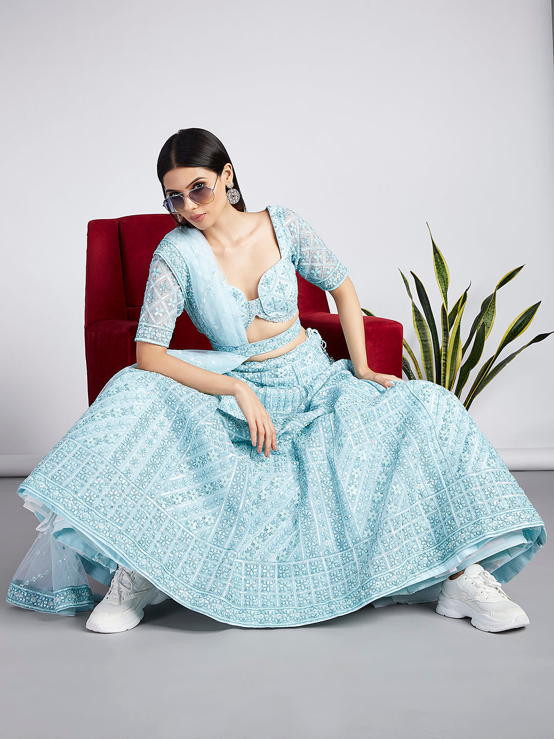 House of Panchhi Turquoise Blue Net Sequins, Zarkan And Thread Embroidery Lehenga Choli & Dupatta | Grocsy