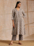 trueBrowns Clay Dabu Buta Print Cotton Front Neck Gathered Kurta Pant Set | Grocsy