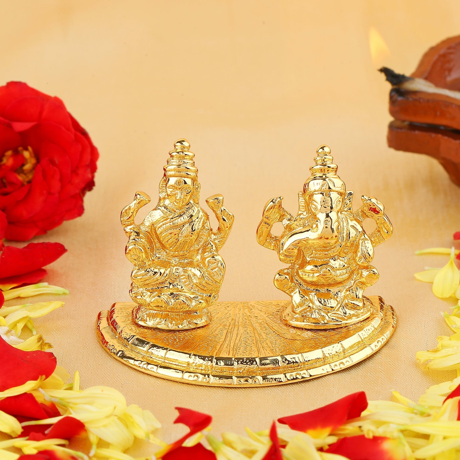 Estele Gold-Polished Goddess Laxmi & Lord Ganapati Idol for Pooja & Car Decor | Grocsy