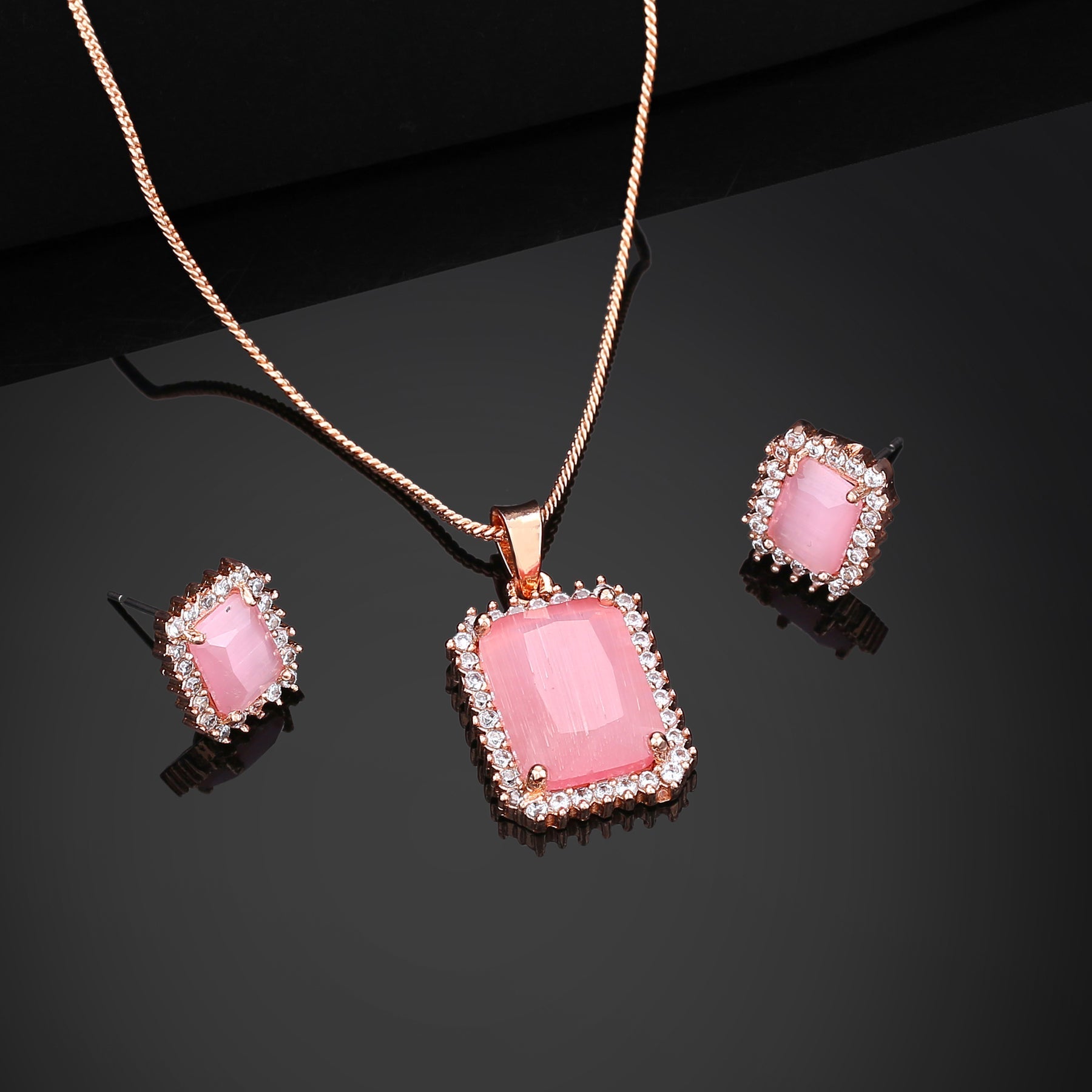 Estele Rose Gold-Polished CZ Attractive Square Designer Pendant Set with Mint Pink Crystals for Women | Grocsy