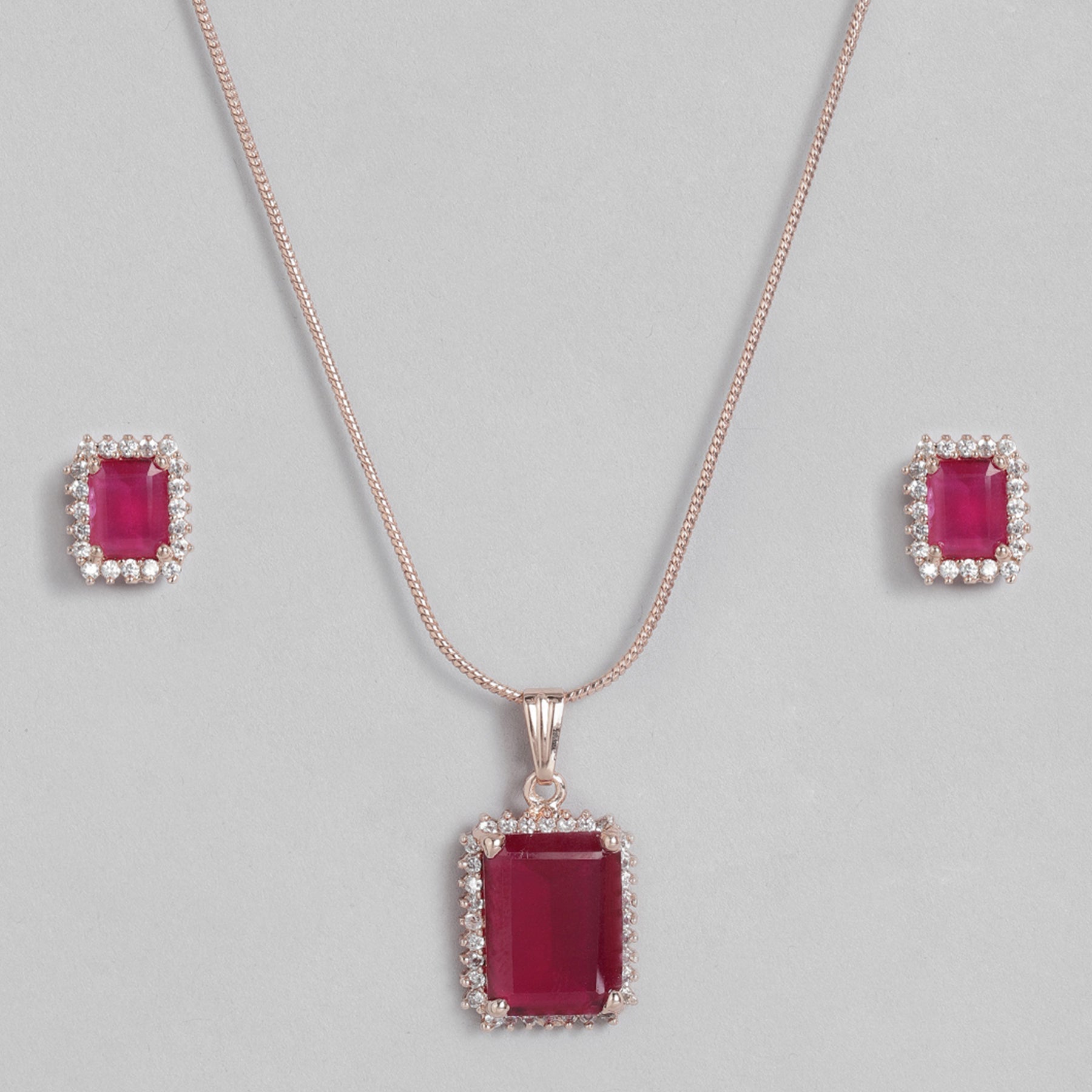 Estele Rose Gold-Polished Stylish Square Pattern Pendant Set with Ruby American Diamonds for Girls & Women | Grocsy