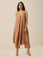 trueBrowns Beige Slub Texture Sleeveless Flared Kurta Pant Set | Grocsy