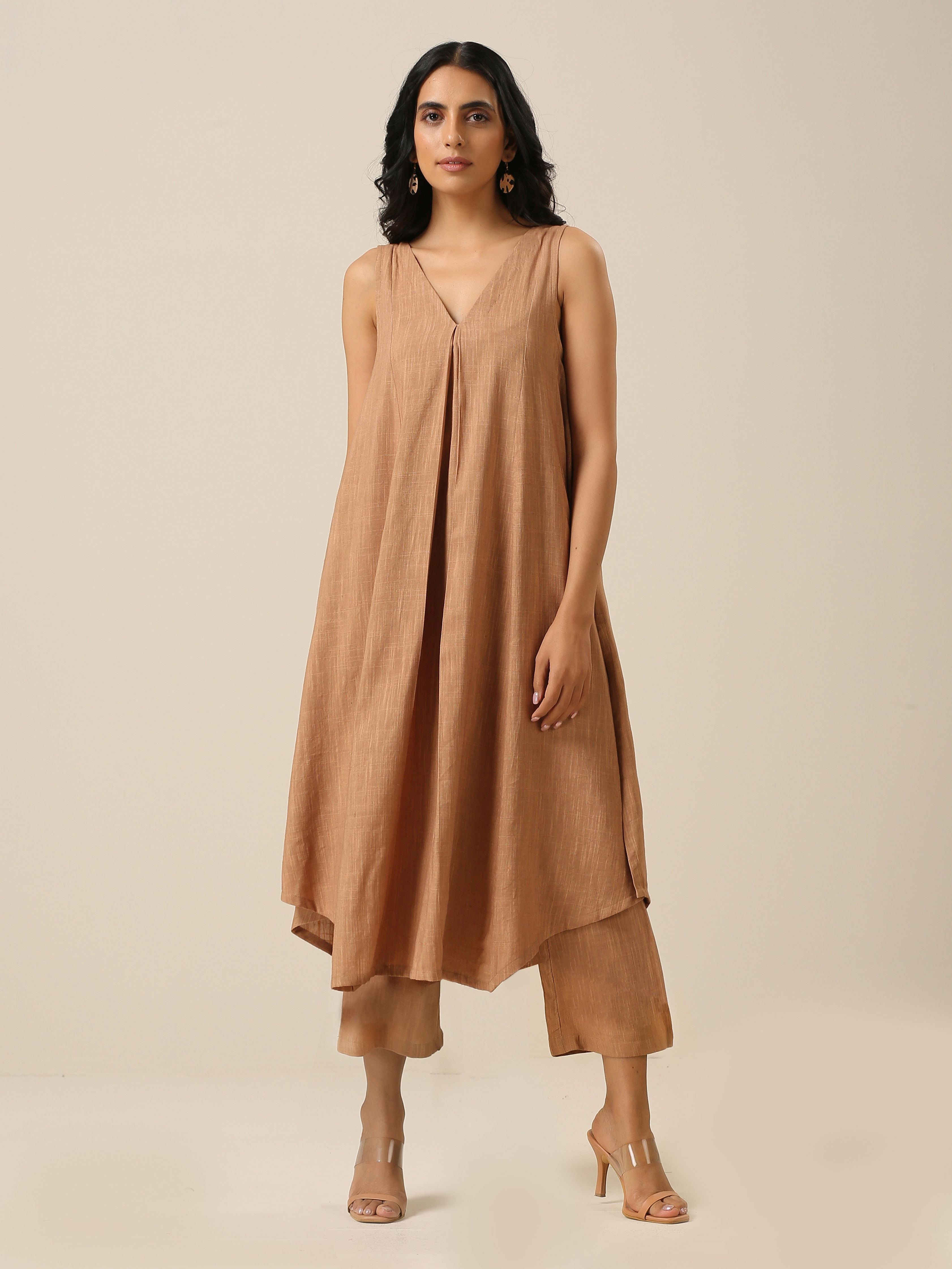 trueBrowns Beige Slub Texture Sleeveless Flared Kurta Pant Set | Grocsy