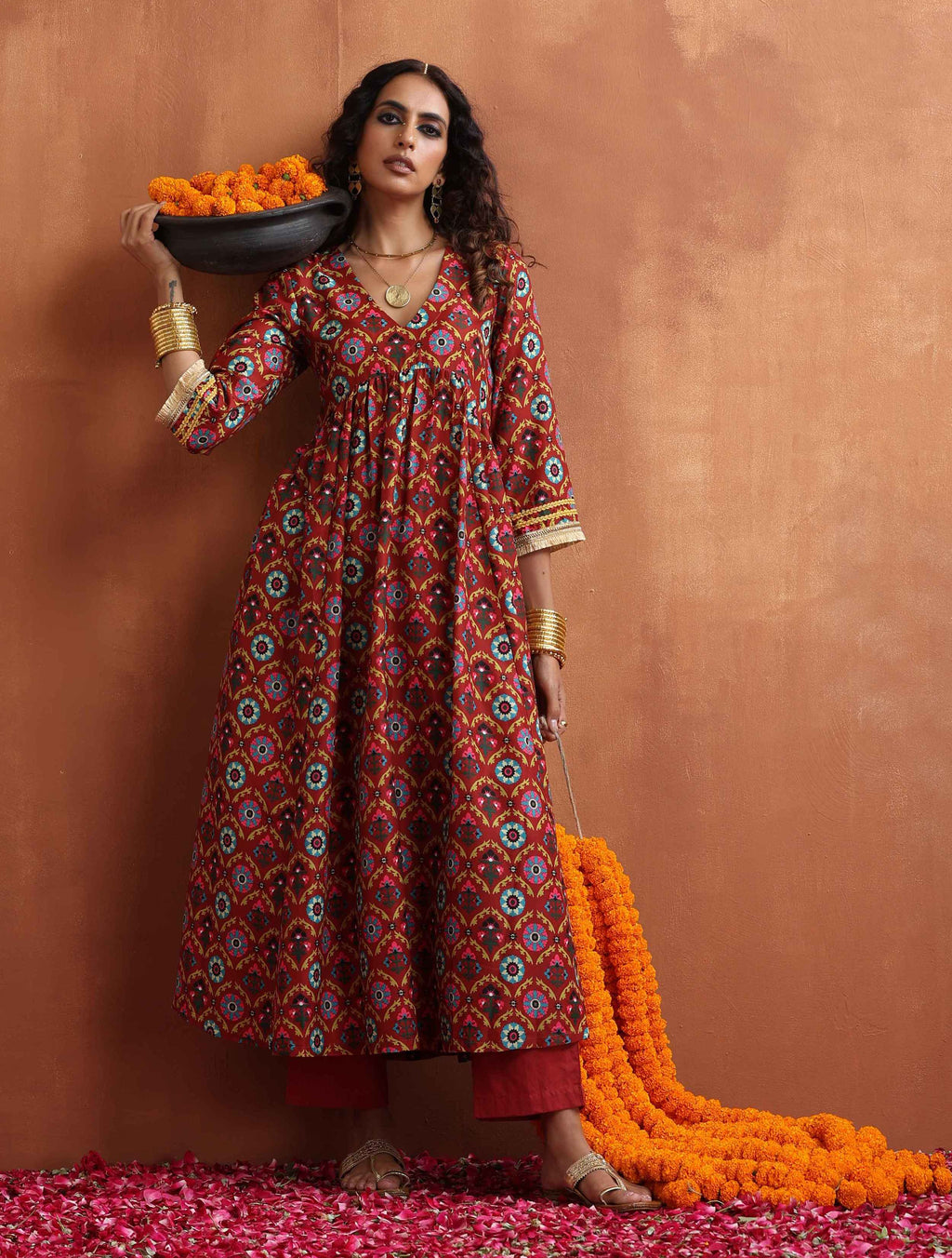 trueBrowns Maroon Flared Anarkali Kurta Set | Grocsy