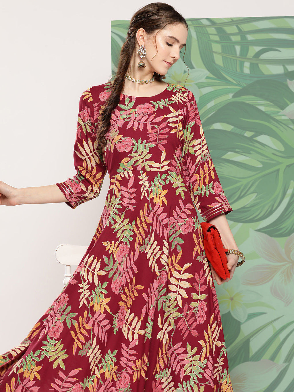 InWeave Women's Red Tropical Print Gota Long Dress | Grocsy