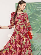 InWeave Women's Red Tropical Print Gota Long Dress | Grocsy
