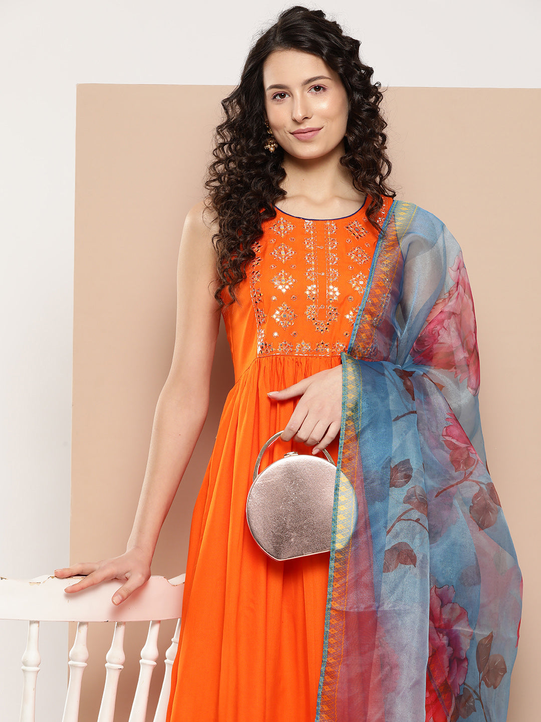 InWeave Women's Orange Mirror Work Aline Strappy Kurta Set Blue Fuchsia Or Dupatta | Grocsy