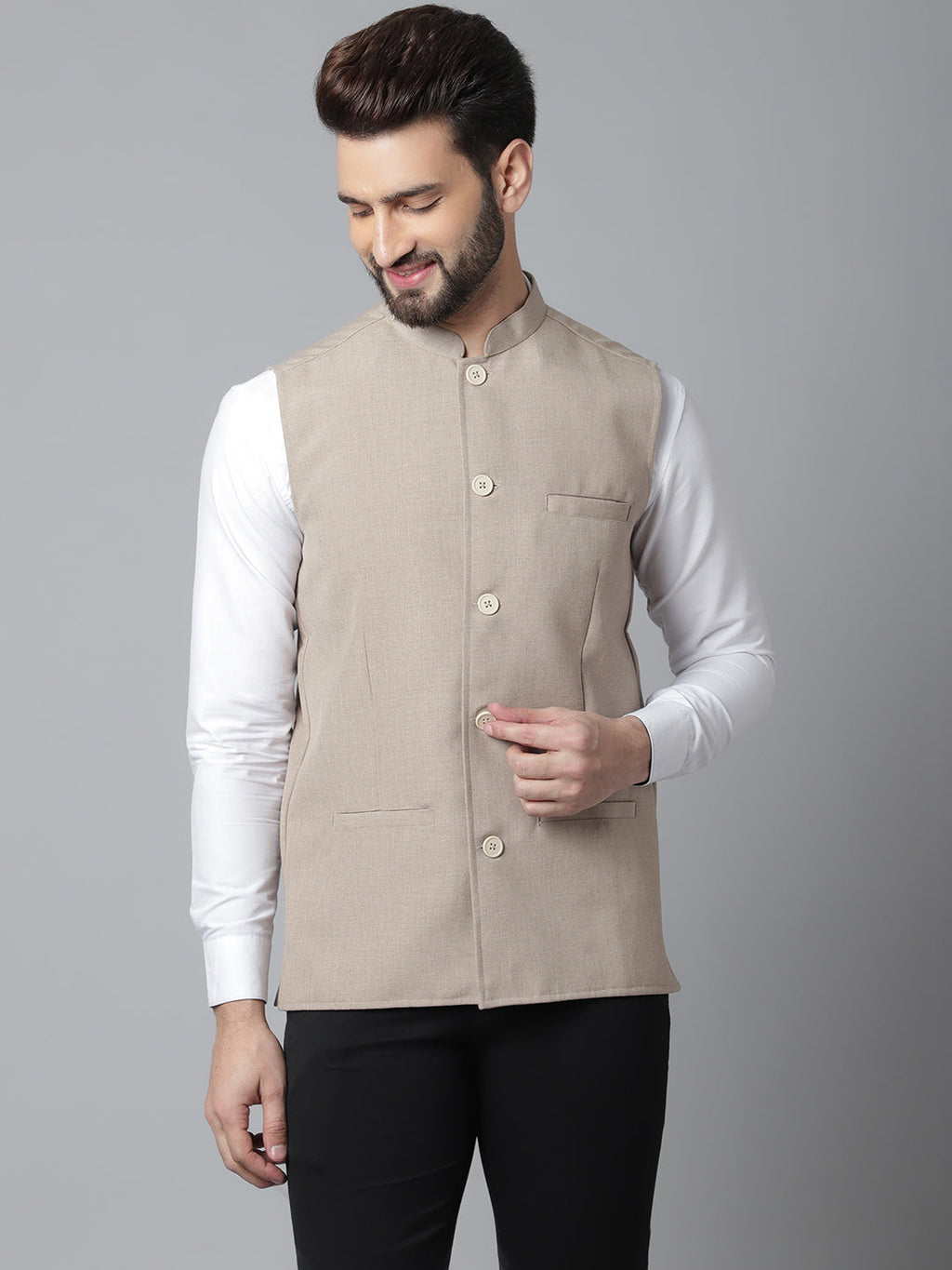 Even Apparels Men's Brown Nehru Jacket With Welt Pockets | Grocsy
