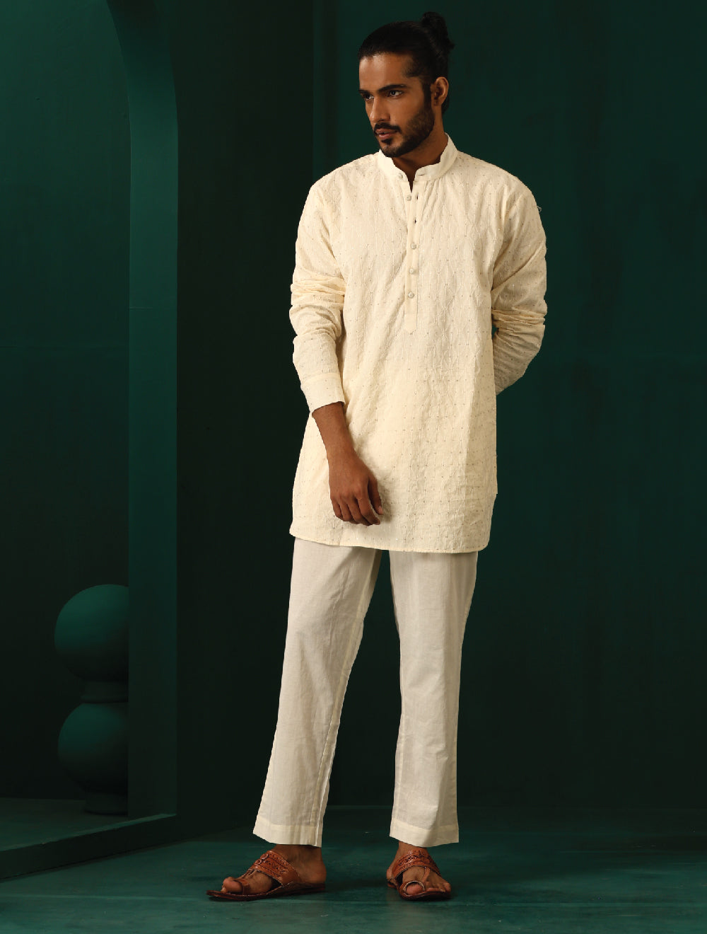 trueBrowns Men's Ivory Tonal Cotton Co-ord Set | Grocsy