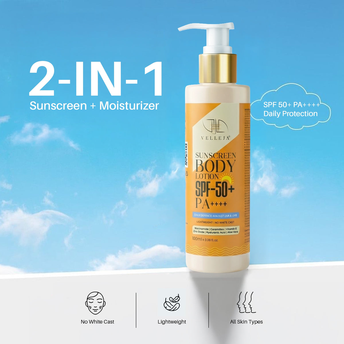 Velleja 2-in-1 Sunscreen Body Lotion SPF 50 PA++++ with 5% Niacinamide & Ceramides | Grocsy
