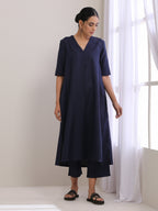 trueBrowns Blue Slub High Slit Kurta Pant Set | Grocsy