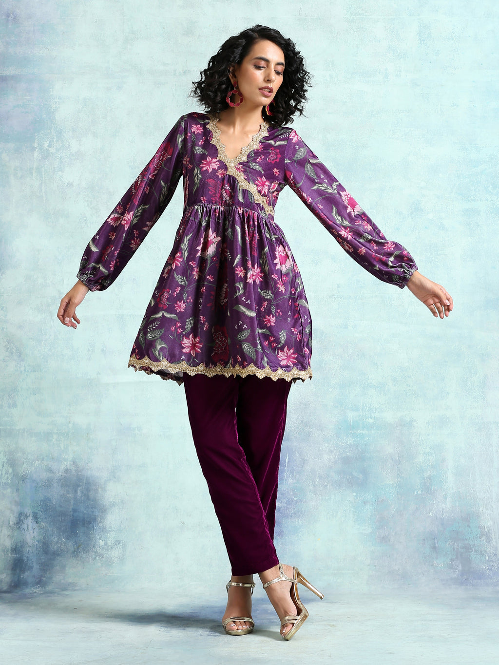 trueBrowns Wine Printed Velvet Lace Co-Ord Set | Grocsy