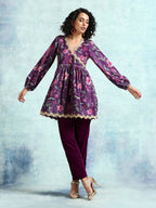trueBrowns Wine Printed Velvet Lace Co-Ord Set | Grocsy