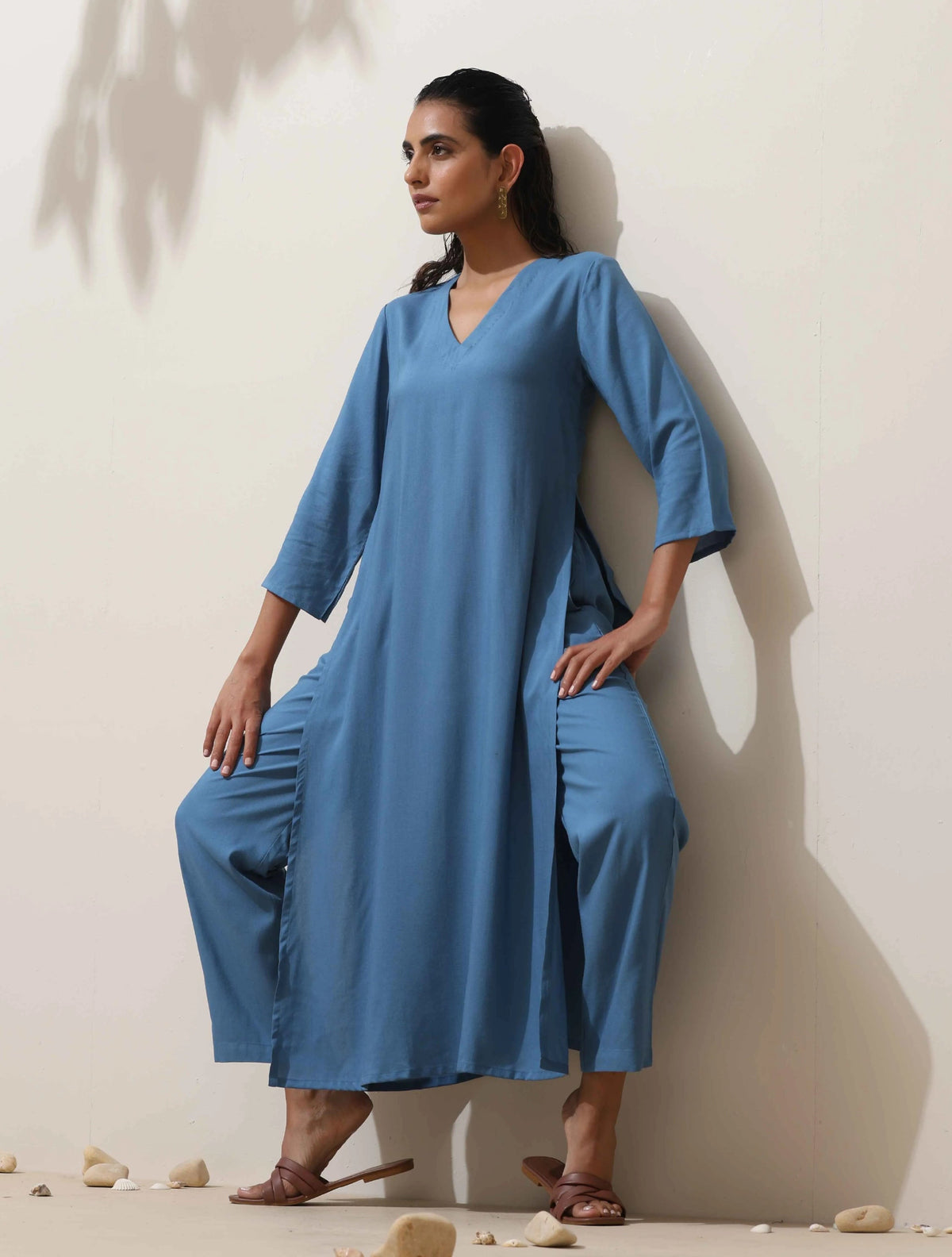 trueBrowns Blue Viscose Kurta Pant Set | Grocsy