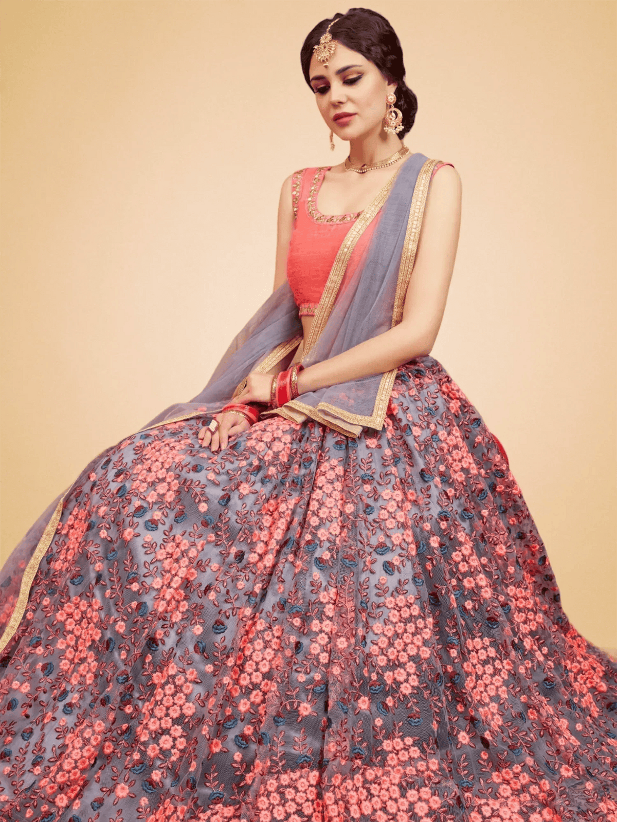 Tulsi Art Grey Floral Embroidered Net Bridal Lehenga Choli | Grocsy